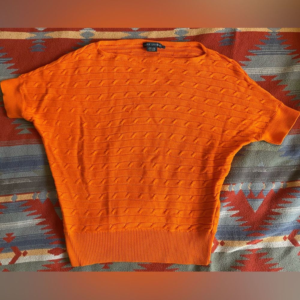 RALPH LAUREN Vintage Orange Horizontal Cable Knit Cotton Boatneck Sweater Size L